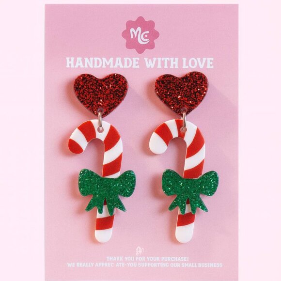 Candy Cane Christmas Earrings β Red Green Glitter Holiday Dangle - Picture 3 of 4